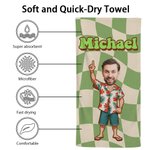 Personalized Retro Checkered Face Photo Cartoon Quick Dry Microfiber Beach Towel with Name Summer Vacation Party Gift for Family Friend