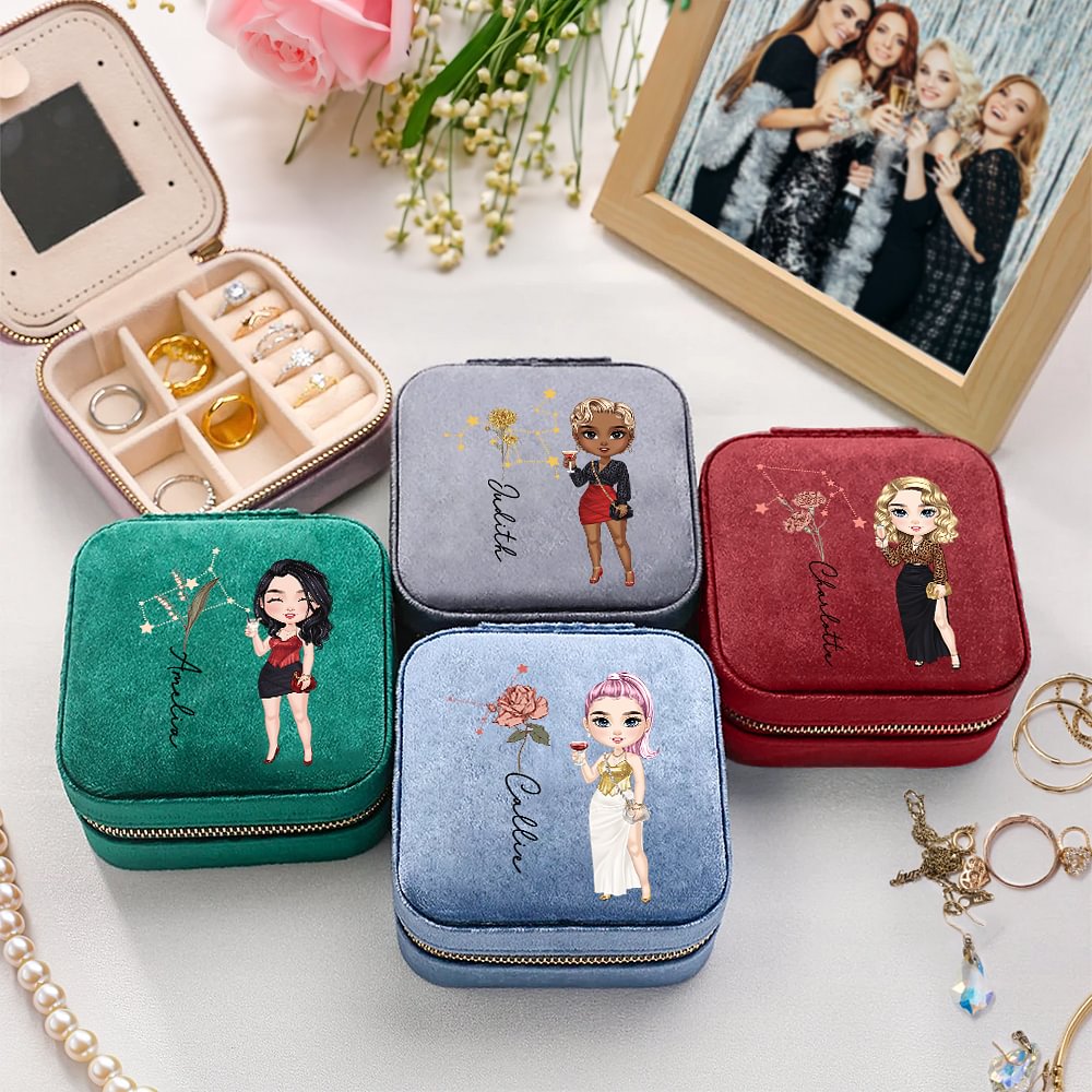 Boîte à Bijoux en Flanelle Personnalisée avec Personnage Nom Fleur de Naissance Zodiaque Boîte à Miroir Cadeau Anniversaire Fête des Mères pour Femme