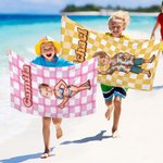 Personalized Retro Checkered Face Photo Cartoon Quick Dry Microfiber Beach Towel with Name Summer Vacation Party Gift for Family Friend