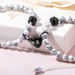 Personalized Photo Projection Beaded Elastic Bracelet Set of 2 with Engraved Initial Birthday Valentine's Day Anniversary Gift for Couples Friends