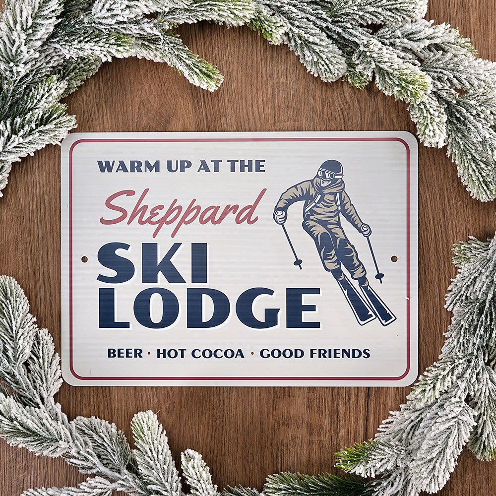 Panneau personnalisé en métal pour chalet de ski avec emplacement et nom Art mural Décor de ski Sports d'hiver Cadeau d'anniversaire pour propriétaire de chalet de ski Passionnés de ski