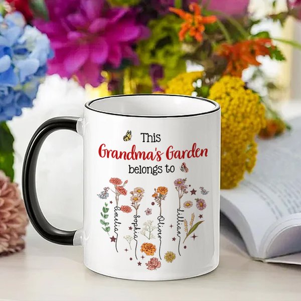Personalized This is Garden Belongs to Heart Birth Flowers 11 oz Ceramic Mug with 1-12 Names Birthday Mother's Day Gift for Mom Grandma