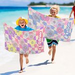 Personalized Oversized Quick Dry Retro Colourful Daisy Beach Towel with Name Birthday Summer Vacation Party Gift for Her