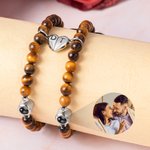 Personalized Photo Projection Beaded Elastic Bracelet Set of 2 with Engraved Initial Birthday Valentine's Day Anniversary Gift for Couples Friends