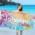 Personalized Oversized Quick Dry Tie Dye Beach Towel with Name Birthday Summer Vacation Party Gift for Her