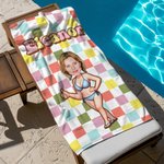 Personalized Retro Checkered Face Photo Cartoon Quick Dry Microfiber Beach Towel with Name Summer Vacation Party Gift for Family Friend