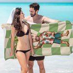 Personalized Retro Checkered Face Photo Cartoon Quick Dry Microfiber Beach Towel with Name Summer Vacation Party Gift for Family Friend