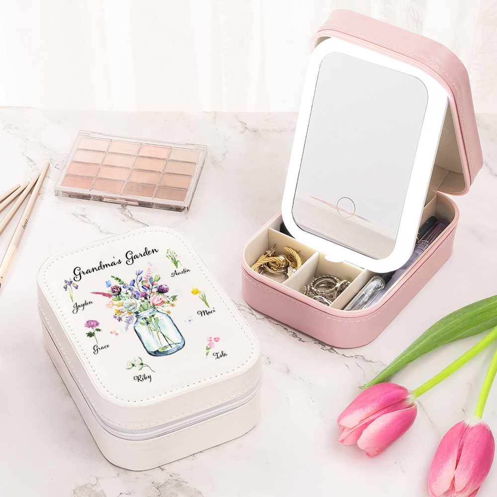 Boîte à bijoux en cuir personnalisée avec miroir de maquillage LED tricolore pour la fête des mères Cadeau d'anniversaire pour maman et grand-mère