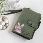 Personalised Easter Bubble Blowing Bunny Leather Tri-folded Wristlet Wallet with Name and Card Holder Easter Birthday Gift for Her