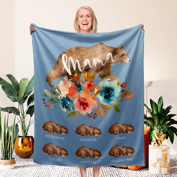 Personalized Cute Watercolor Bear Mom and Kids Floral Soft Throw Blanket with Name Birthday Mother's Day Anniversary Gift for Mom Grandma
