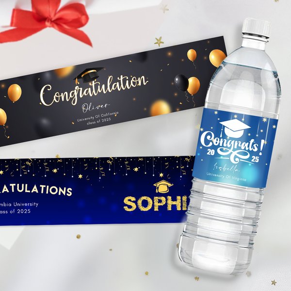 Etiquettes personnalisées pour bouteilles d'eau avec nom et année Lot de 20 décorations pour la fête de fin d'études pour les diplômés et les amis