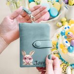 Personalised Easter Bubble Blowing Bunny Leather Tri-folded Wristlet Wallet with Name and Card Holder Easter Birthday Gift for Her