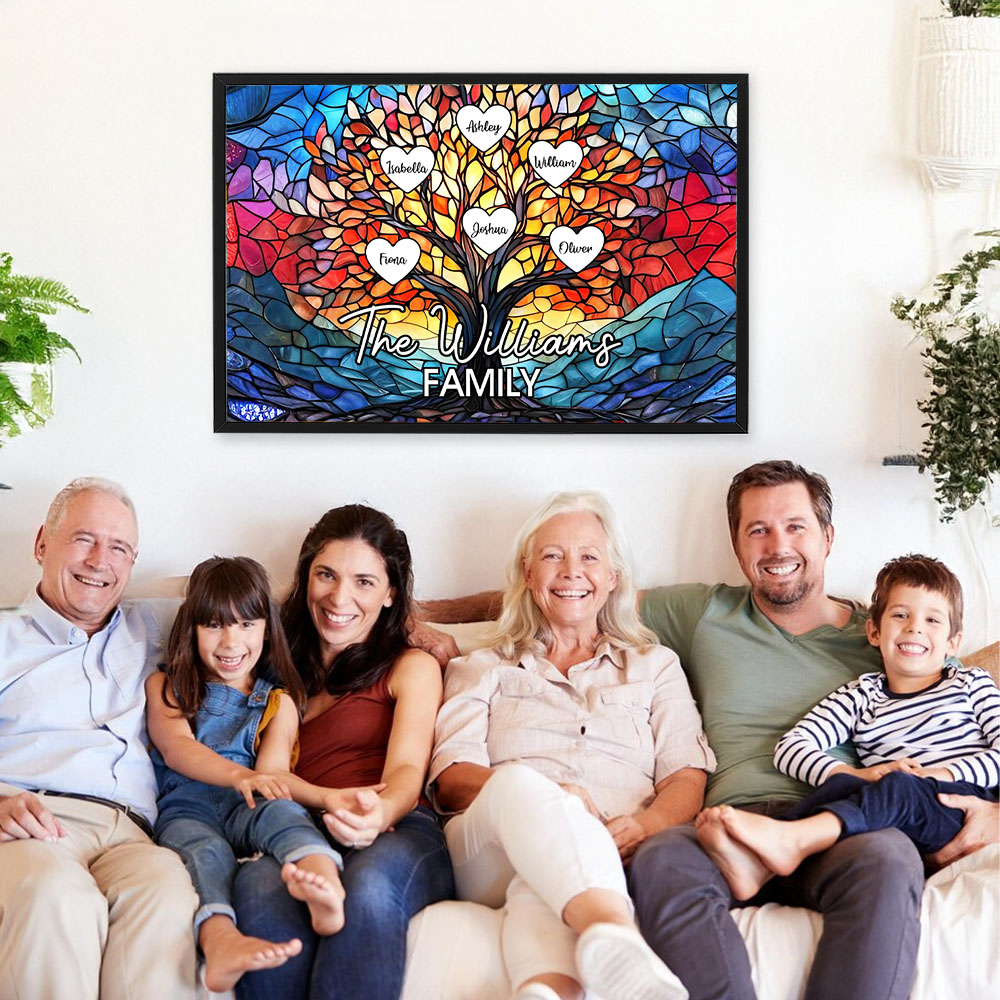 Art en verre personnalisé Arbre de vie de la famille Peinture encadrée sans cadre avec 2-20 noms et textes Décoration de la maison Fête des mères Cadeau d'anniversaire pour maman grand-mère