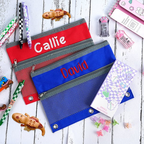 Personalised Embroidered Name Three-ring Oxford Fabric Pencil Pouch for Binder Stationery Supplies Back to School Gift for Kids