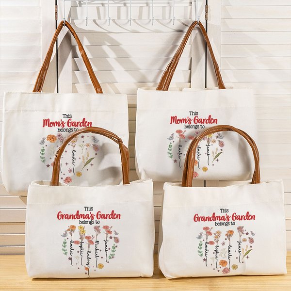 Personalized Heart Birth Flower Family Garden Large Canvas Tote Bag with 1-12 Names Travel Accessories Birthday Mother's Day Gift for Mom Grandma