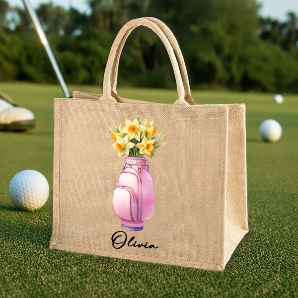 Personalized Birth Flower Golf Bag Jute Tote Bag with Name Travel Essentials Birthday Gift for Golf Lovers