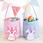 Personalized Cute Bunny Design Plaid Easter Basket with Embroidered Name and Heart-shaped Card Easter Party Birthday Gift for Boys Girls