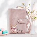 Personalised Easter Bubble Blowing Bunny Leather Tri-folded Wristlet Wallet with Name and Card Holder Easter Birthday Gift for Her