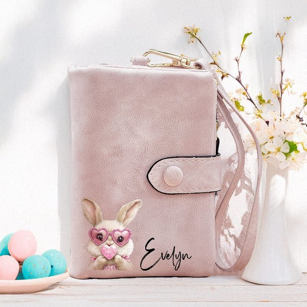 Portefeuille personnalisé en cuir avec nom et porte-cartes pour le lapin de Pâques Cadeau d'anniversaire de Pâques pour elle