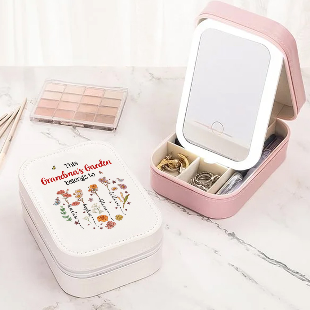 Boîte à bijoux en cuir avec miroir de maquillage LED tricolore Cadeau d'anniversaire de la fête des mères pour maman grand-mère