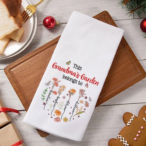 Personalized Mom's Garden Heart 1-12 Birth Flowers 100% Cotton Waffle Tea Towel with Names Kitchen Decor Birthday Mother's Day Gift for Mom Grandma