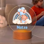 Personalized Rainbow Balloon Baby Teddy Bear Name LED Night Light with Wooden Base Nursery Decor Baby Shower Birthday Gift for Kids