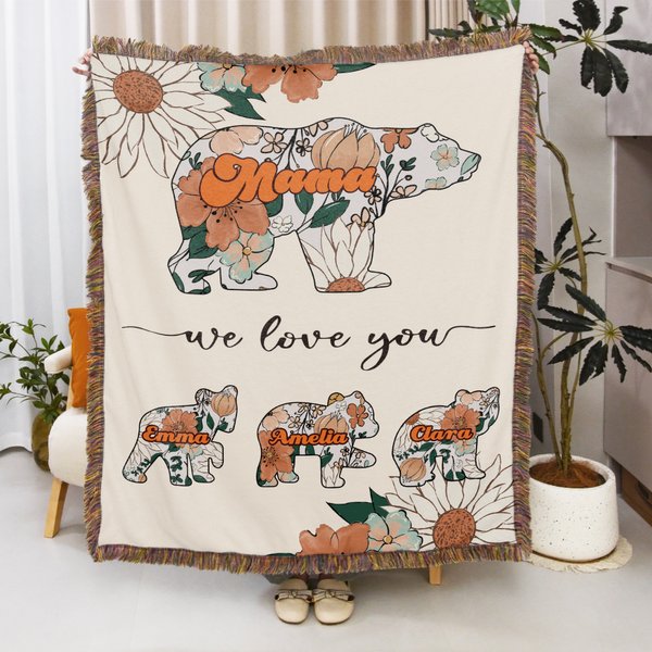 Personalised We Love You Retro Floral Bear Soft Throw Blanket with Name and Tassel Mother's Day Home Decor Birthday Gift for Family