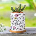 Personalized Big Hand Holding Small Hands Floral Ceramic Planter Pot with Drainage and Bamboo Base Birthday Mother's Day Gift for Mom Grandma