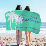 Personalized Multicolor Palm Tree Super Absorbent Oversized Beach Towel with Name and Text Summer Vacation Wedding Bachelorette Party Gift for Women