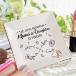 Personalized Mom And Daughter Forever Linked Together Infinity Birth Flowers Ceramic Square Jewelry Dish with Names Mother's Day Birthday Gift for Mom