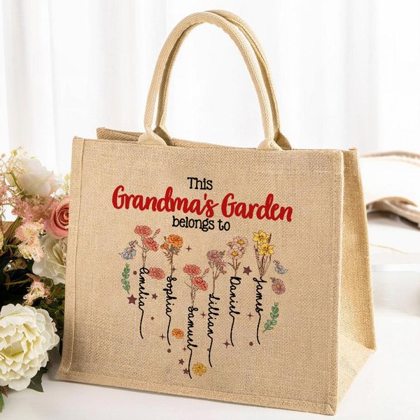 Personalized Heart Birth Flower Family Garden Jute Tote Bag with 1-12 Names Travel Accessories Birthday Mother's Day Gift for Mom Grandma