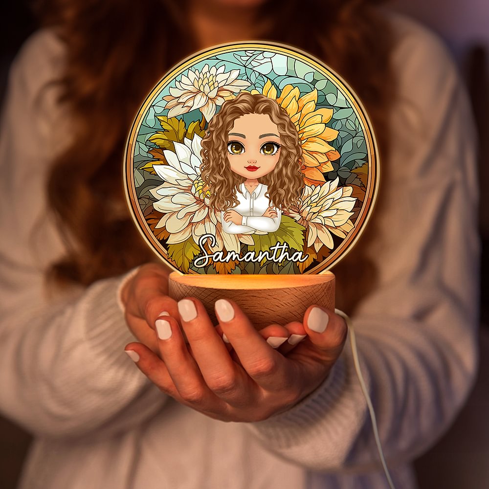 Veilleuse LED Faux Verre coloré Cartoon Birth Flower avec socle en bois et nom Cadeau d'Anniversaire de Fête des Mères pour Maman Grand-mère