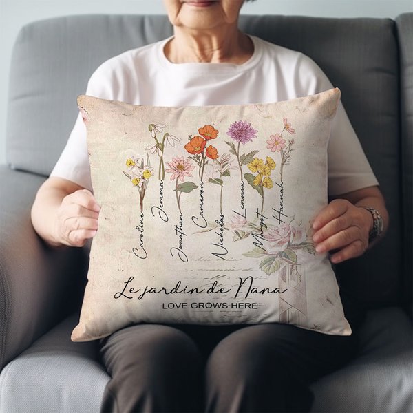 Taie d'Oreiller Personnalisée avec Titre 1 à 8 Noms et Fleurs de Naissance Cadeau Anniversaire Fête des Mères pour Grand-Mère et Mère