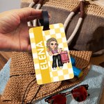 Etichetta bagaglio personalizzata con personaggio in stile cartone animato Y2K e design a quadri colorati regalo perfetto per viaggi e compleanni