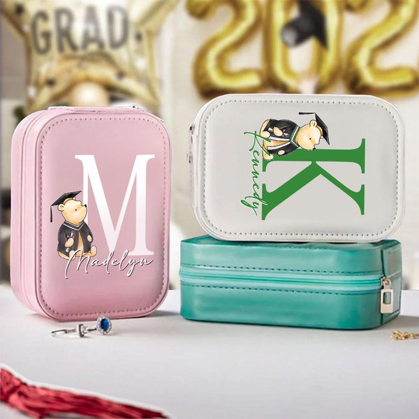 Personalized Classic Winnie the Pooh PU Leather Jewelry Box with Name and LED Three-Color Adjustable Makeup Mirror Graduation Gift for Graduates