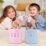 Personalized Cute Bunny Design Plaid Easter Basket with Embroidered Name and Heart-shaped Card Easter Party Birthday Gift for Boys Girls