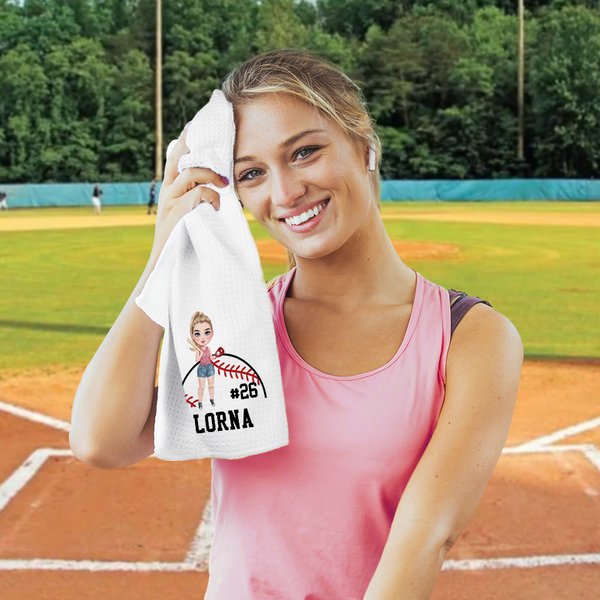 Personalised Cartoon Ball Sports Women Super Absorbent Sport Towel with Name and Carabiner Birthday Gift for Sports Lover