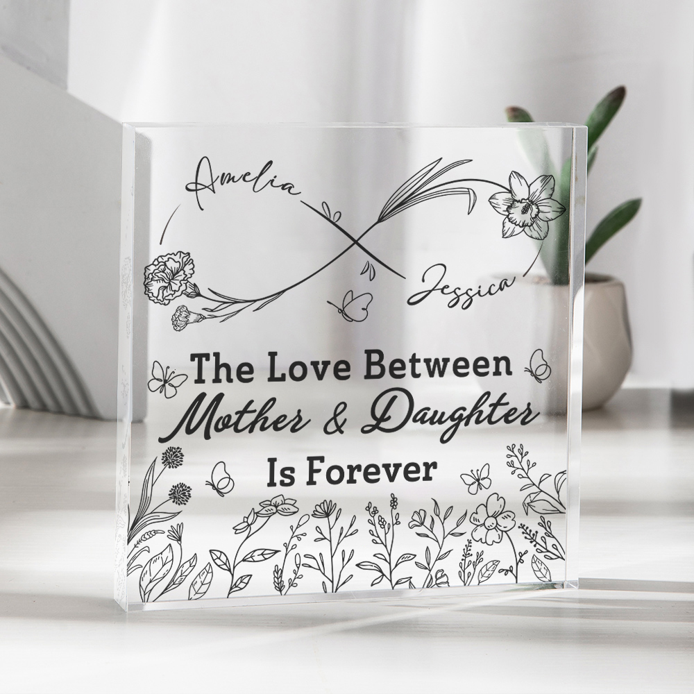 Plaque acrylique carrée personnalisée avec noms Fleurs de naissance Infinity Décoration de bureau Fête des mères Cadeau d'anniversaire pour maman