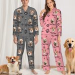 Personalized Cute Paw 1-5 Pet Face Photo Avatar Long-Sleeved Pajamas Set with Name Birthday Gift for Women Men Pet Lover