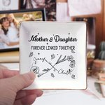 Personalized Mom And Daughter Forever Linked Together Infinity Birth Flowers Ceramic Square Jewelry Dish with Names Mother's Day Birthday Gift for Mom