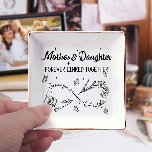 Personalized Mom And Daughter Forever Linked Together Infinity Birth Flowers Ceramic Square Jewelry Dish with Names Mother's Day Birthday Gift for Mom