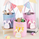Personalized Cute Bunny Design Plaid Easter Basket with Embroidered Name and Heart-shaped Card Easter Party Birthday Gift for Boys Girls