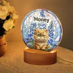 Personalized Pet Portrait Stained Glass Birth Flower Acrylic LED Night Light with Name and Wooden Base Pet Memorial Birthday Gift for Pet Owner