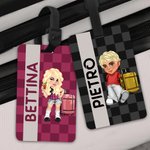 Etichetta bagaglio personalizzata con personaggio in stile cartone animato Y2K e design a quadri colorati regalo perfetto per viaggi e compleanni