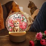 Personalized Pet Portrait Stained Glass Birth Flower Acrylic LED Night Light with Name and Wooden Base Pet Memorial Birthday Gift for Pet Owner