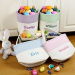 Personalized Embroidery Name Seersucker Canvas Bucket Bag Basket with Handle Easter Egg Hunt Supplies Birthday Party Favors Gift for Kids