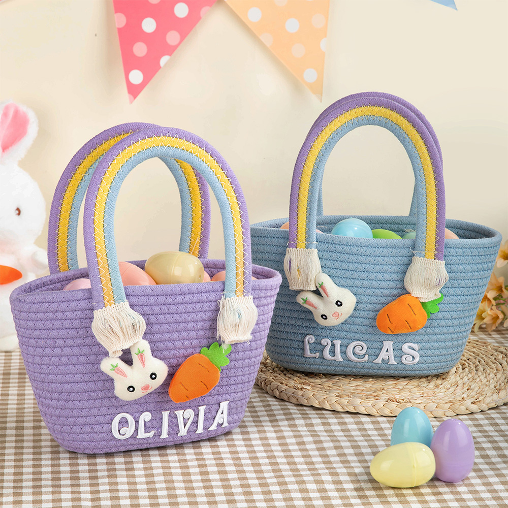 Panier de Pâques personnalisé avec nom Lapin de Pâques Carotte en coton Chasse aux oeufs de Pâques Cadeau de fête pour enfants