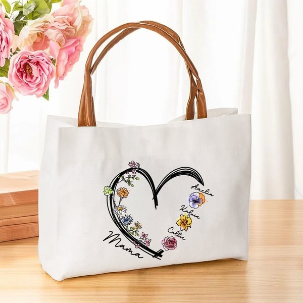 Personalized Heart Watercolor Birth Flower Canvas Tote Bag with 1-6 Kid Names and Leather Handle Birthday Mother's Day Gift for Mom Grandma