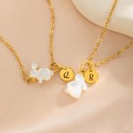 Personalized White Shell Rabbit Necklace with Initial Discs Lucky Rabbit Jewelry Easter Gift for Women Girls