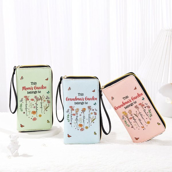 Personalized This Mama Belongs To Heart Birth Flower PU Leather Wristlet Wallet with 1-12 Names Birthday Mother's Day Gift for Mom Grandma